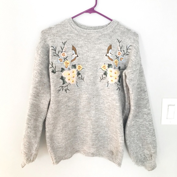 Sweaters - Primark Grey Floral Knit Sweater